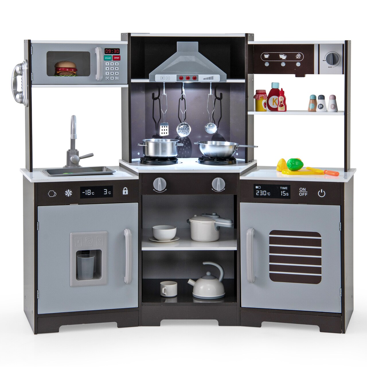 Wooden Pretend Play Kitchen Toy Set with Range Hood, Real Sounds & Lights, Interactive Kitchen Playset for Kids